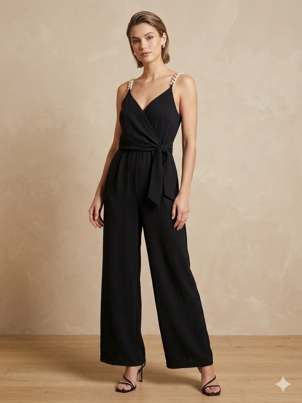 Sleeveless Black Wrap Jumpsuit with Tie Waistand and adjustable shoulder straps